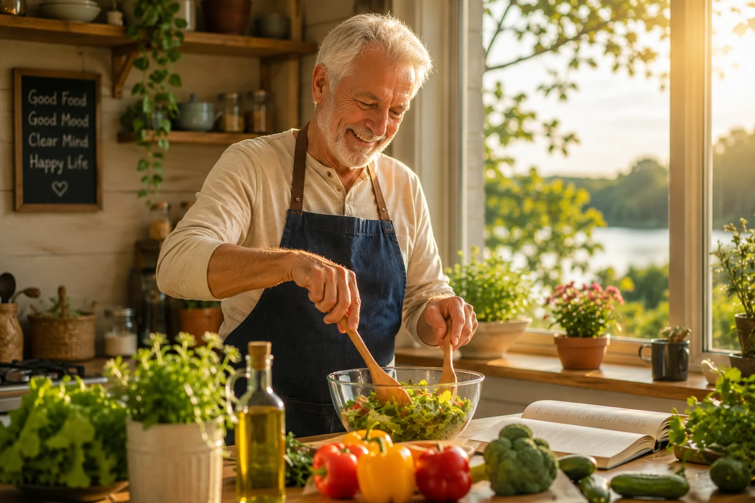 A silver-haired man building a fresh salad at a sunlit kitchen window above a mountain tarn, a chalkboard reading Good Food, Good Mood, Clear Mind, Happy Life behind him